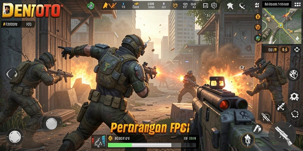 Screenshot DENTOTO menampilkan aksi intens dalam gameplay FPS.