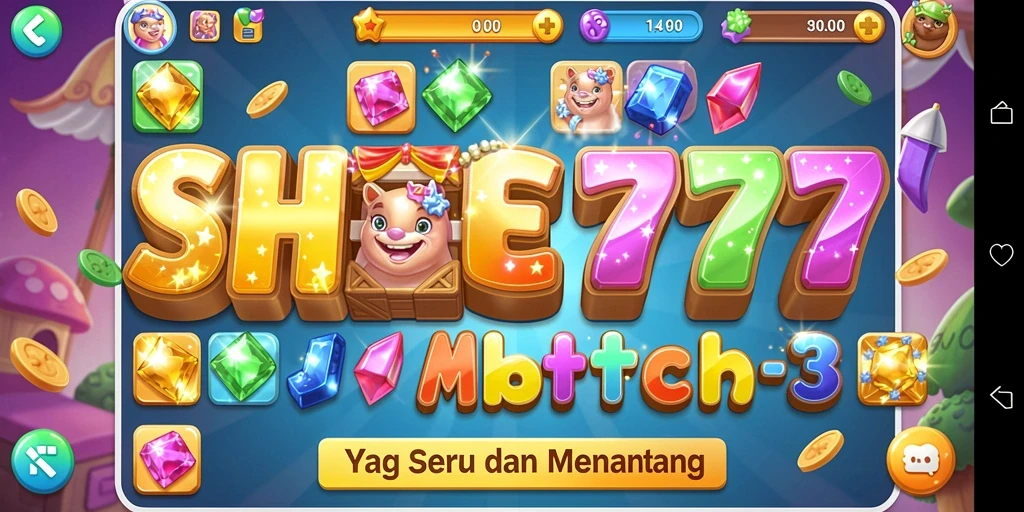 Gameplay seru SHE777 dengan elemen match-3 yang berwarna-warni.